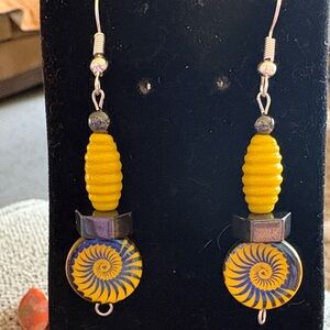 Hand Crafted Hematite and Yellow and Blue Spiral Drop Earrings - Women Jewelry